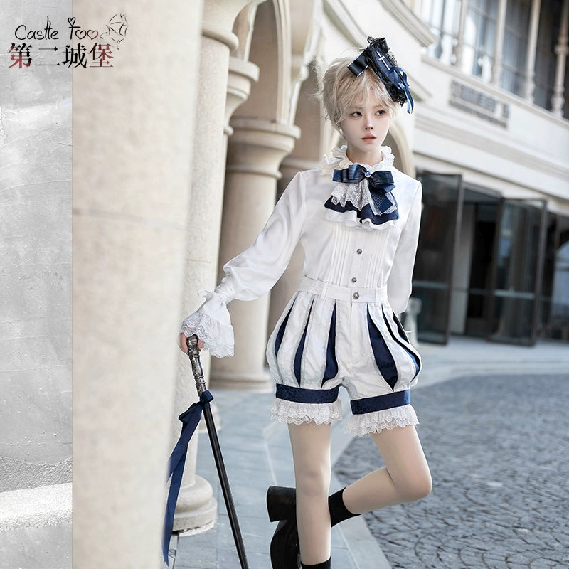 CastleToo~Coffin of Pilgrimage~Ouji Lolita Shorts Suits Prince Male Lolita Shirt Free size White and blue shorts