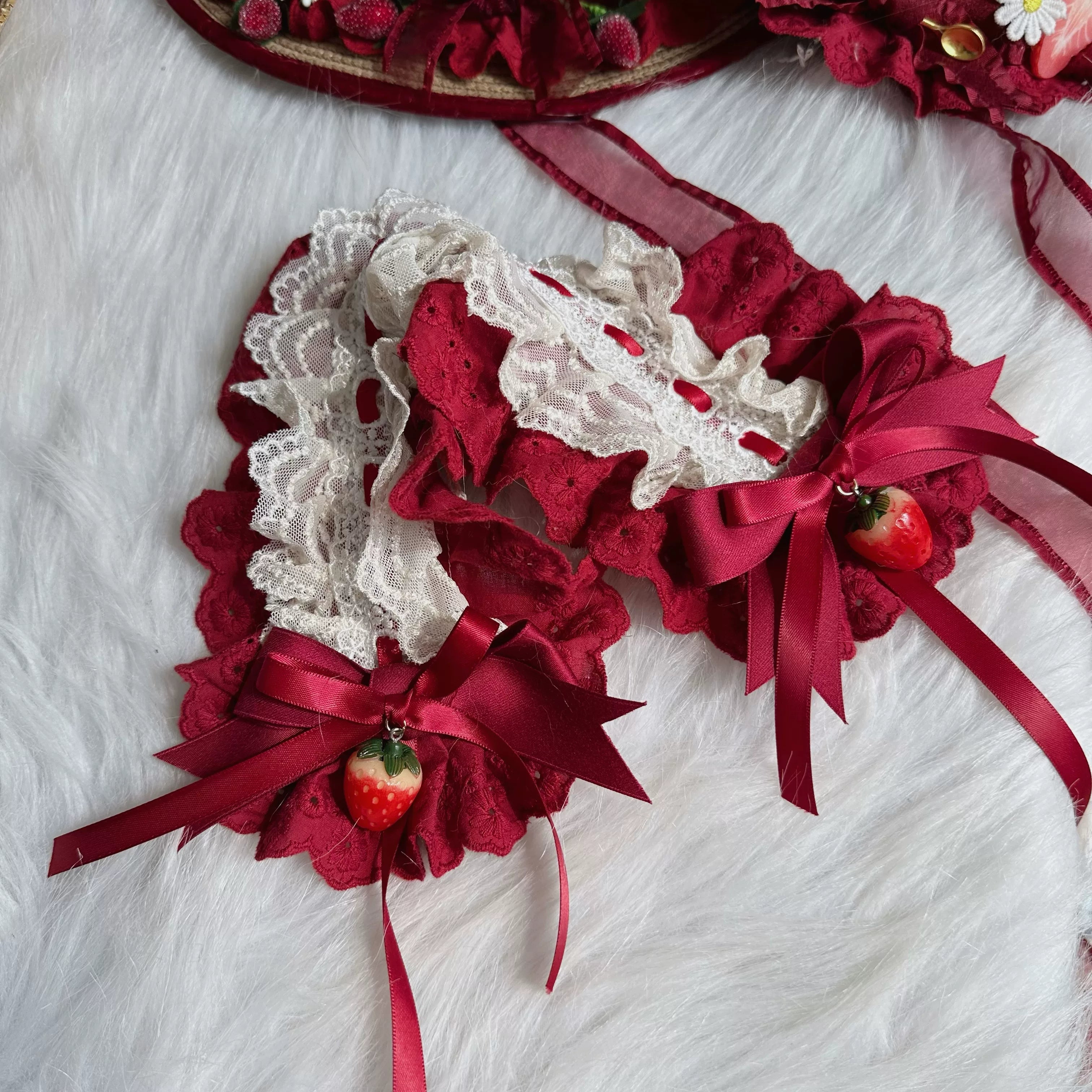 Red Sweet Lolita Headdress, Bows and Strawberry Pendants Hairband Only (with fixed clip)