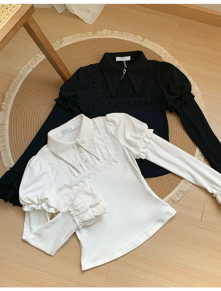 With PUJI - The Vow - Solid Lolita Sweater, Juliet Sleeve, Pointed Collar