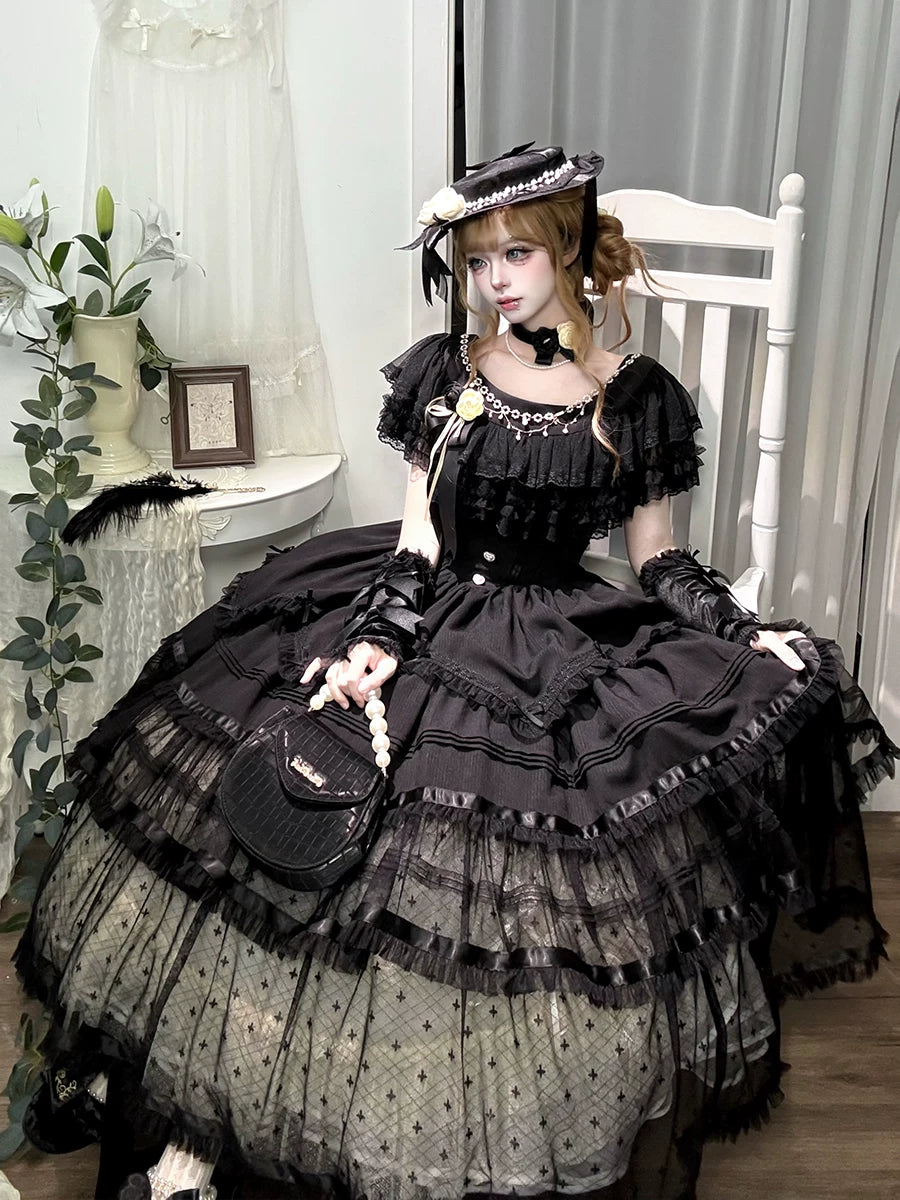 Unnamed Dusk Poem - Classic Lolita OP Dress, Tulle Skirt with Cross Accent Full Set (OP + hairband + a pair of hand sleeves + choker) S