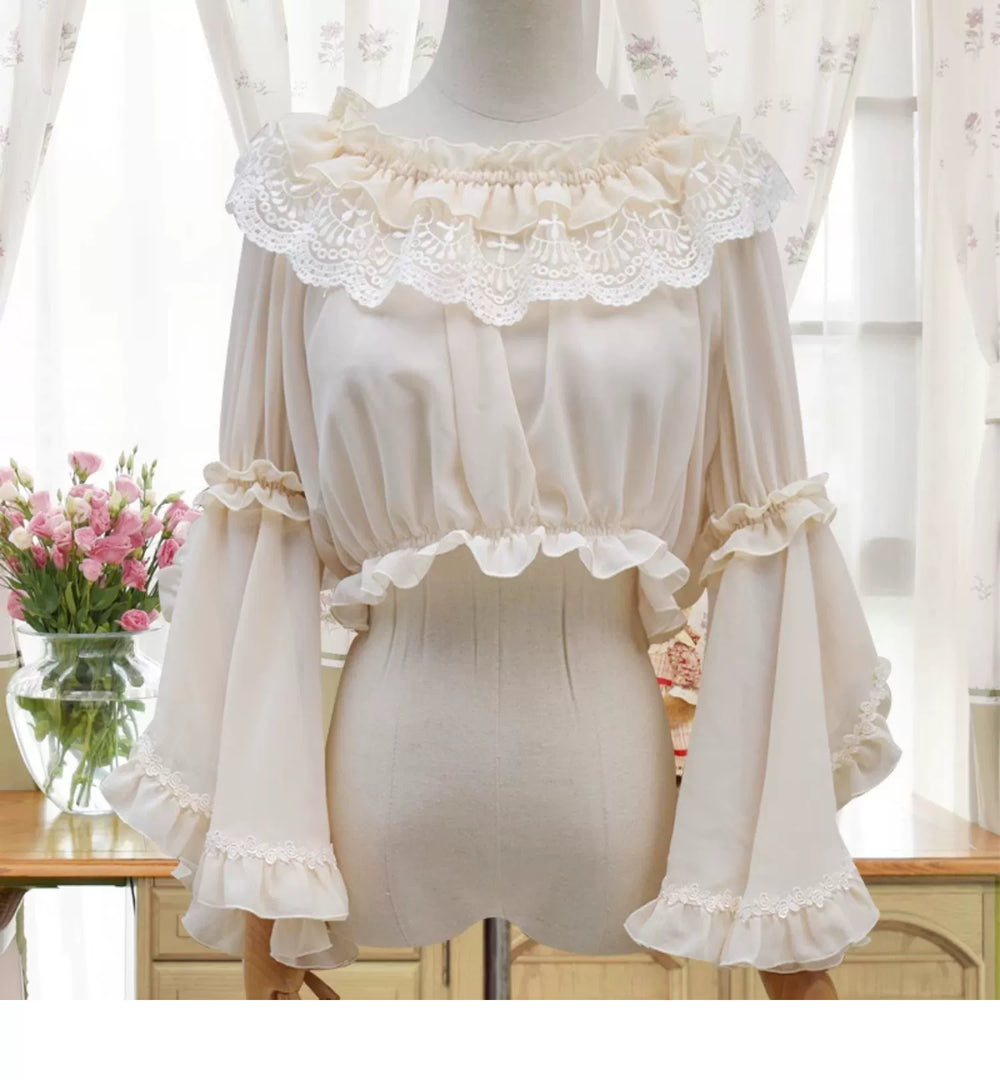 Motadalu~Classic Lolita Shirt Lace Princess Sleeves Chiffon Lolita Blouse Ivory (open-shoulder neckline) Free size