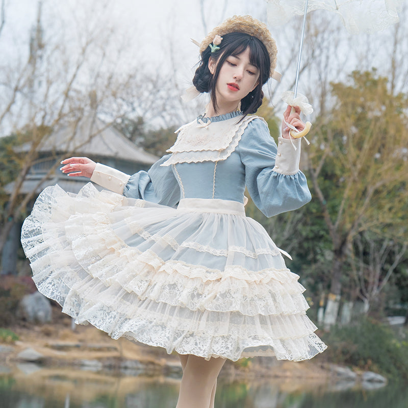 With PUJI~Graceful Butterfly~Classic Lolita Blue OP Dress   
