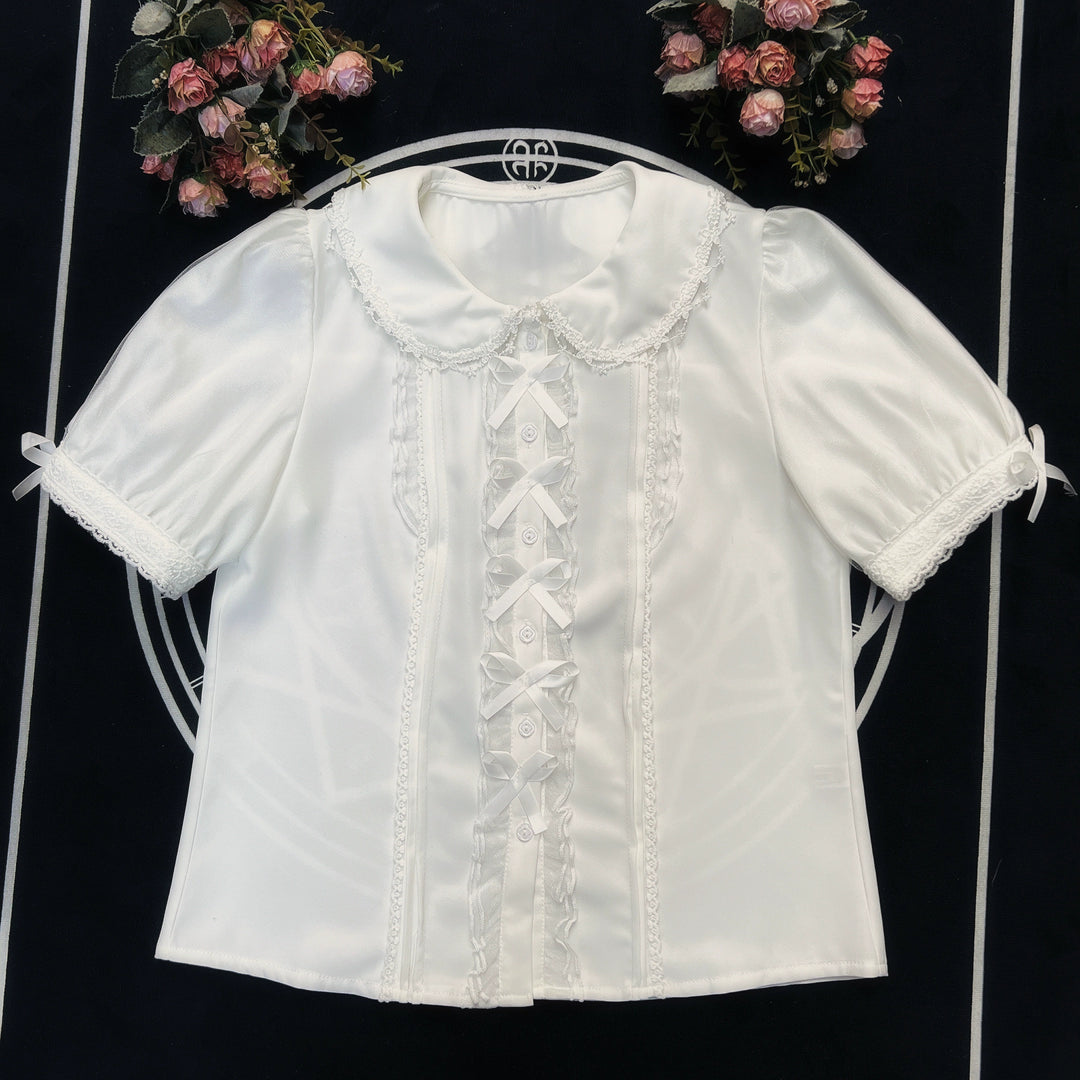 DFMS~Midsummer Moonlight~Sweet Lolita Shirt Short Sleeve Summer Blouse Doll Collar milky white S 