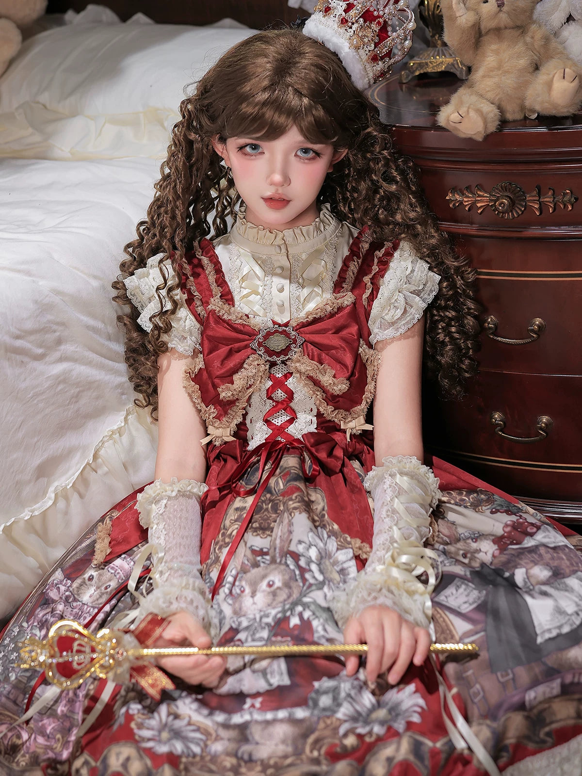 Mysterious Ribe - Red Classic Lolita Jumper Skirt & Blouse Set, Rabbit Print 45968:870060