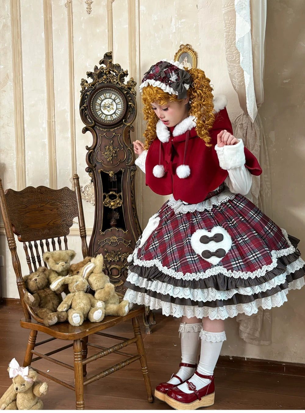 Winter Sweet Lolita Cape & JSK Dress Set, Teddy Bear Patch 45974:870024