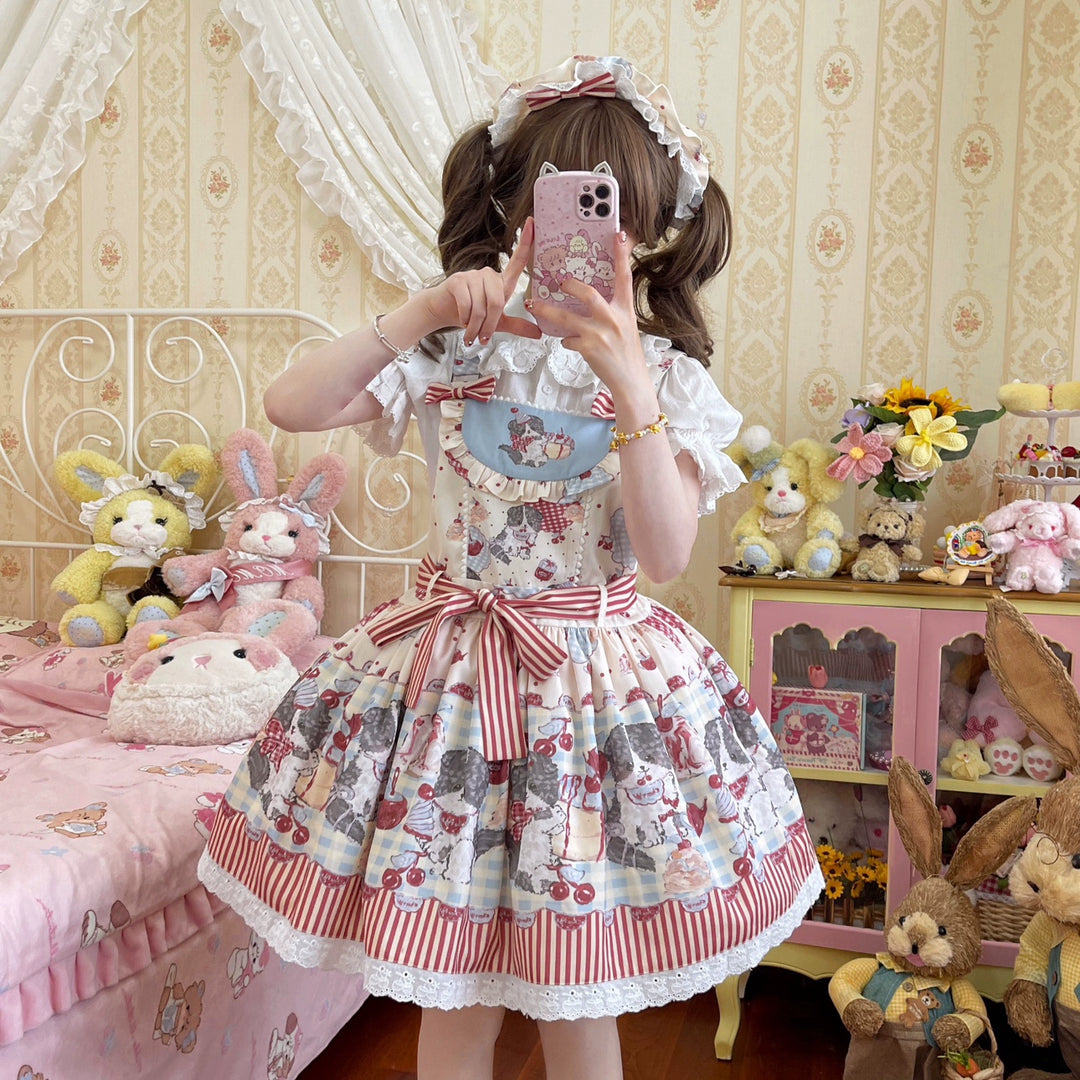 Akiyama Future Studio~Border Collie Cherry~Kawaii Lolita Salopette Cherry Print Dress