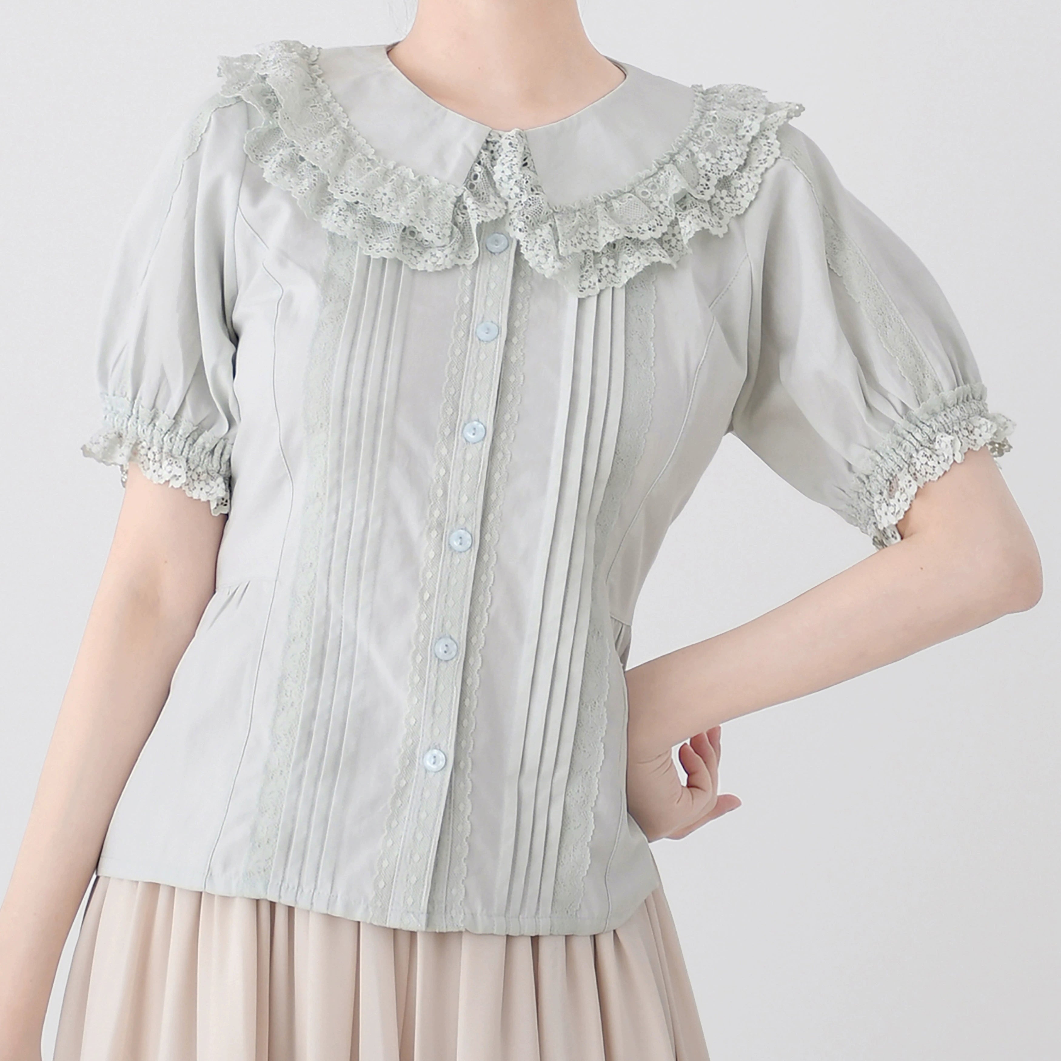 MIST - Hyde Garden - Cotton Lolita Blouse Puff Short Sleeve Shirt blue green S