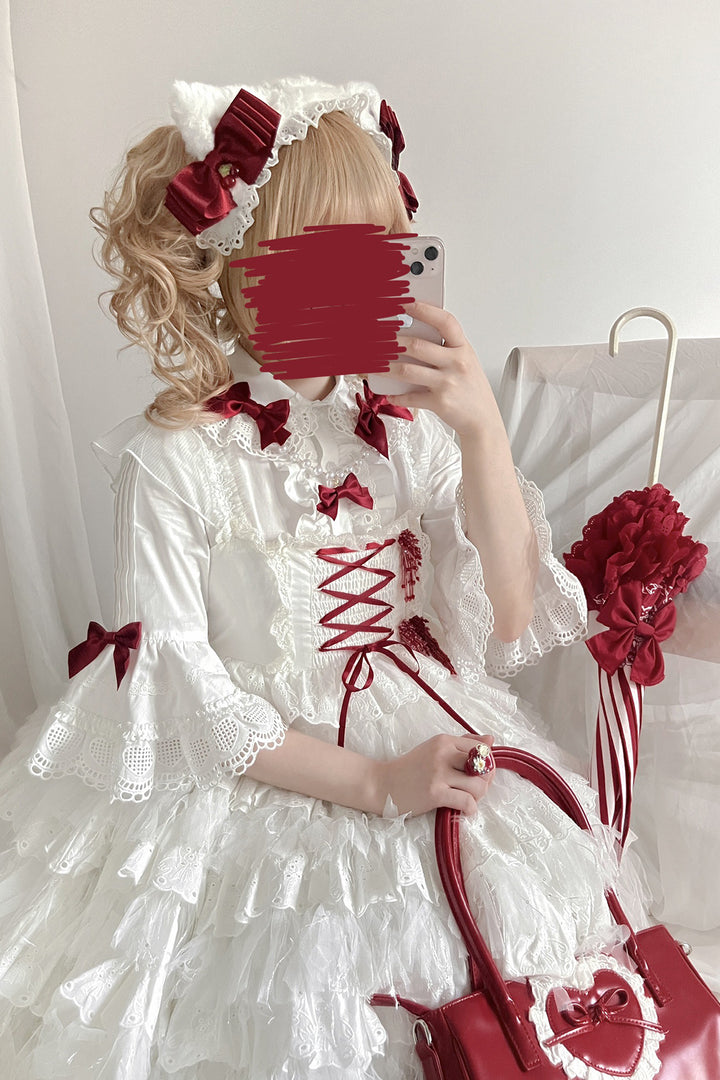 Vcastle~Sweet Crepes~Sweet Lolita Shirt with Princess Sleeves and Bow Chain