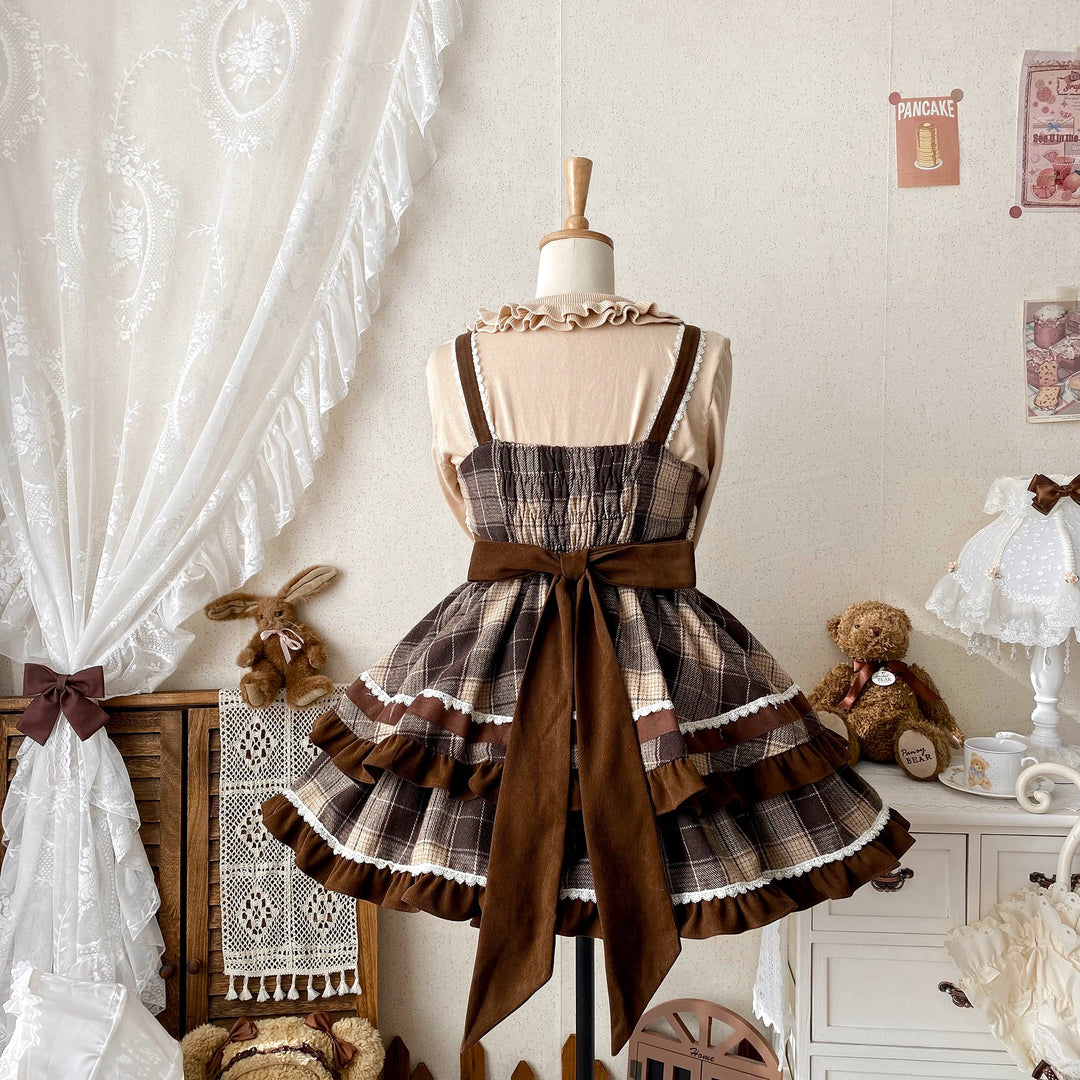 Qianmu~Caramel Cocoa~Sweet Lolita JSK Plaid Design Autumn and Winter Dress   