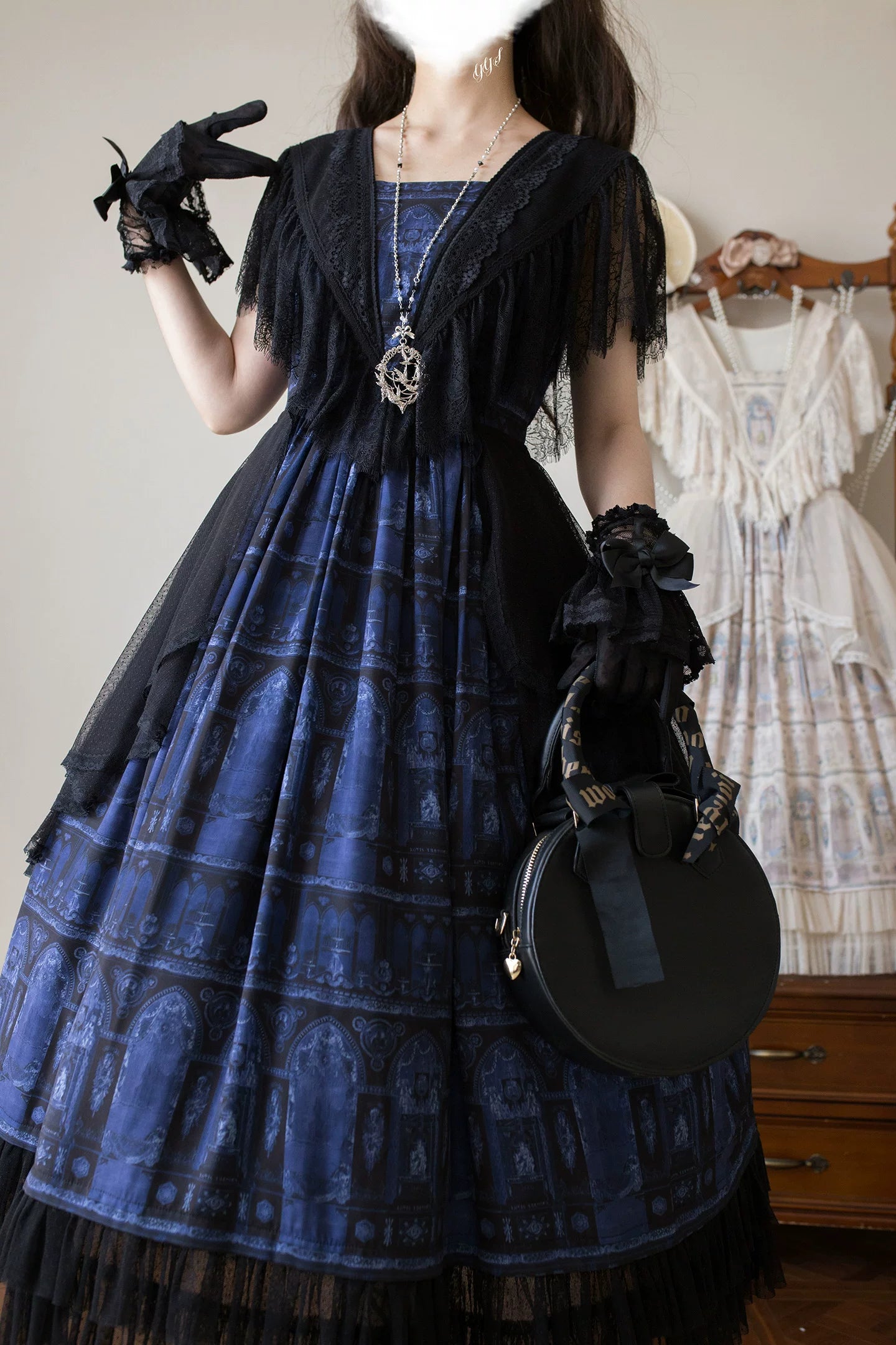 Reims Cathedral - Printed Classic Lolita Dress, Detachable Gauze Outlayer 44701:819188