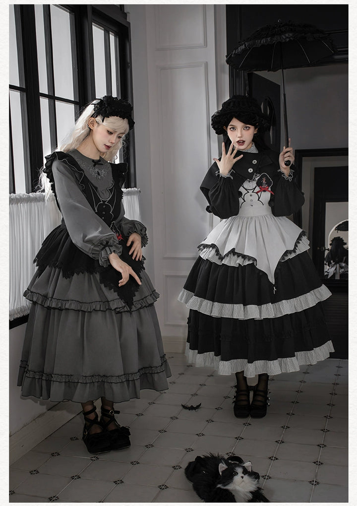 With PUJI~Castle Night~Gothic Twins Lolita OP Three-tiered Embroidery Dress