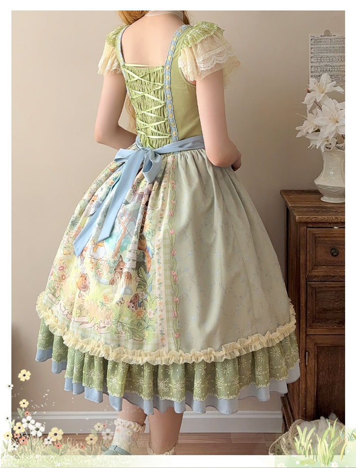 Strawberry Fantasia~Spring Bloom~Country Lolita JSK Set with Animal Prints and Overlay