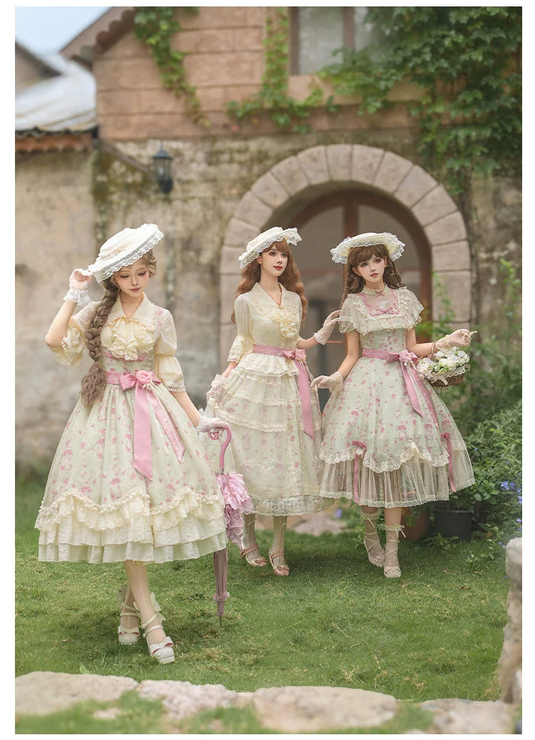 Wind Swept Roses - Classic Lolita Rose Printed Dress Set, Petal Hem