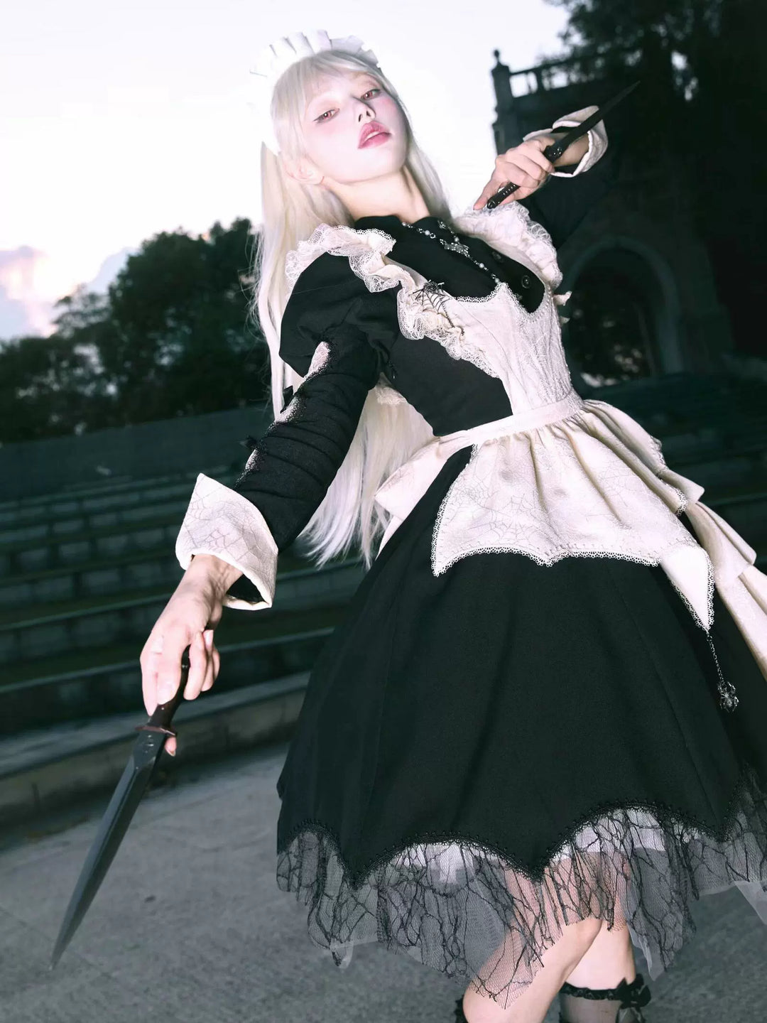 Sakurahime~Spider Dream~Gothic Lolita OP Dress Maid Lolita Built-in Fishbone Detachable Apron