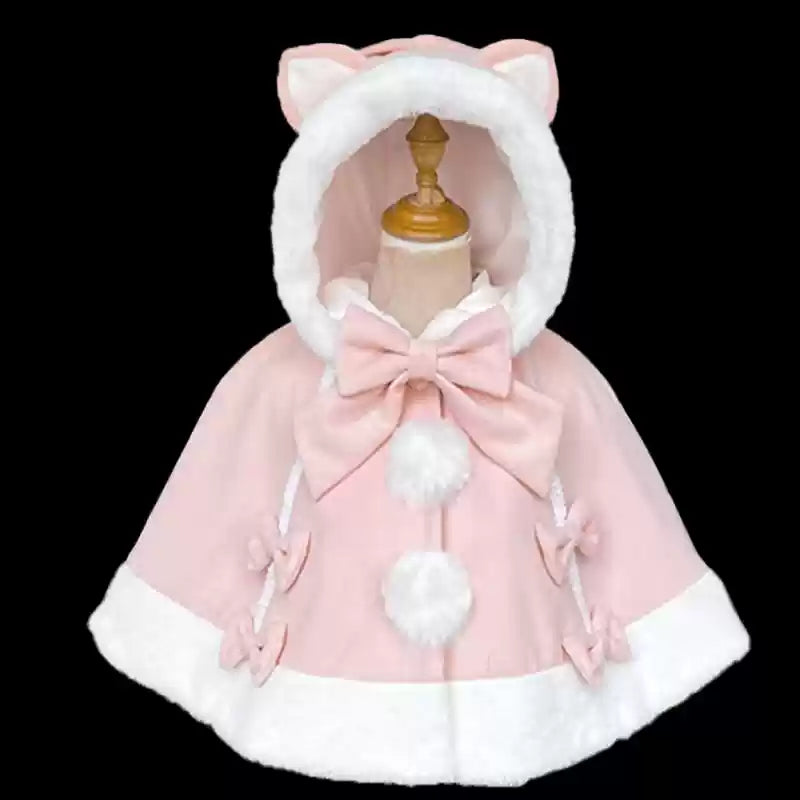 ZhiJinYuan~Kawaii Lolita Cape Winter Lolita Cat Rabbit Ear Coat Cheese Cat Pink Cape Only Free Size