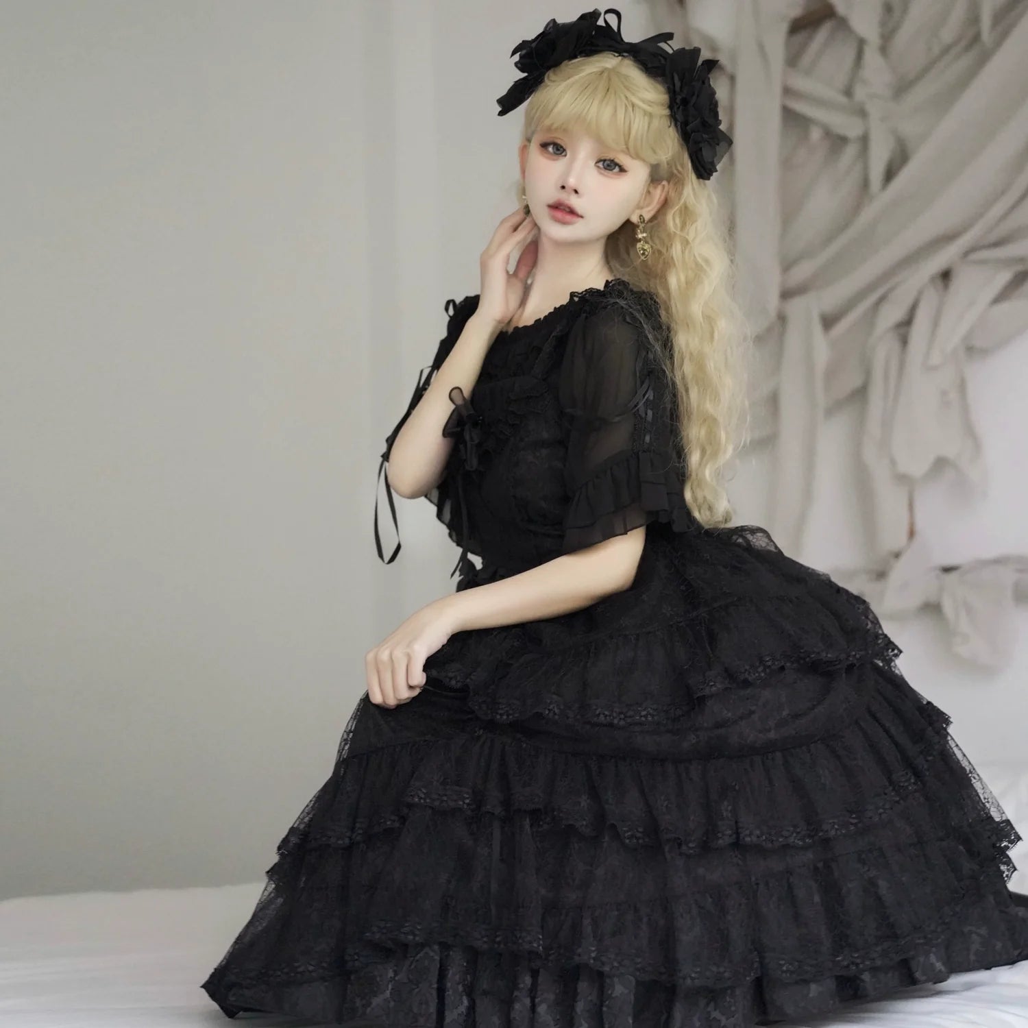 Eieyomi - Iris Love - Elegant Black Lolita JSK Dress, Short Sleeve 44383:806044