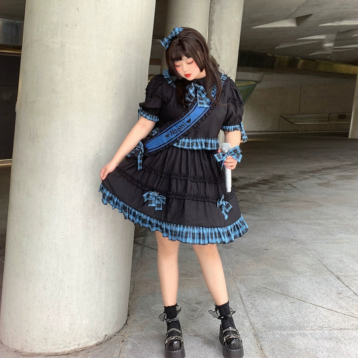 Niu Niu~Nao Mi~Plus Size Lolita Skirt Set Short Sleeve Shirt Plaid Print M blue sash 