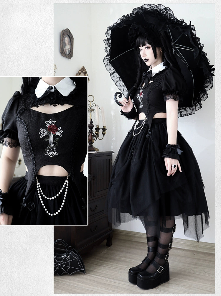 With PUJI~Evil Flower~Gothic Lolita Skirt Set Rose Embroidered Hollow Out Blouse   