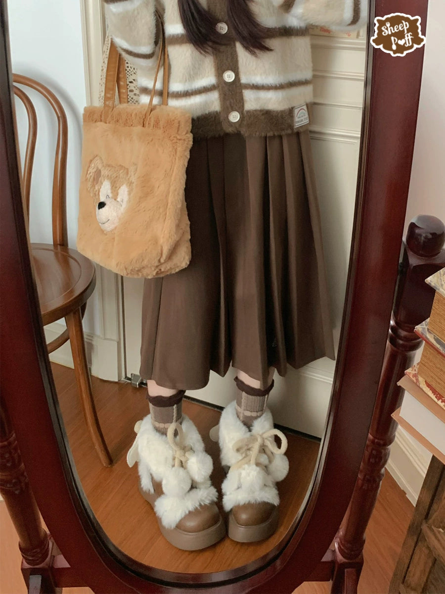 Sheep Puff - Fluffy Qubi - Winter Lolita Shoes Sweet Warm Snow Boots with Plush brown 35
