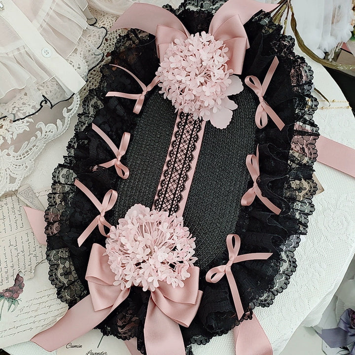 Honey Princess~Handmade Gothic Lolita BNT Halloween Lolita Hat Bottom with lace - black pink  