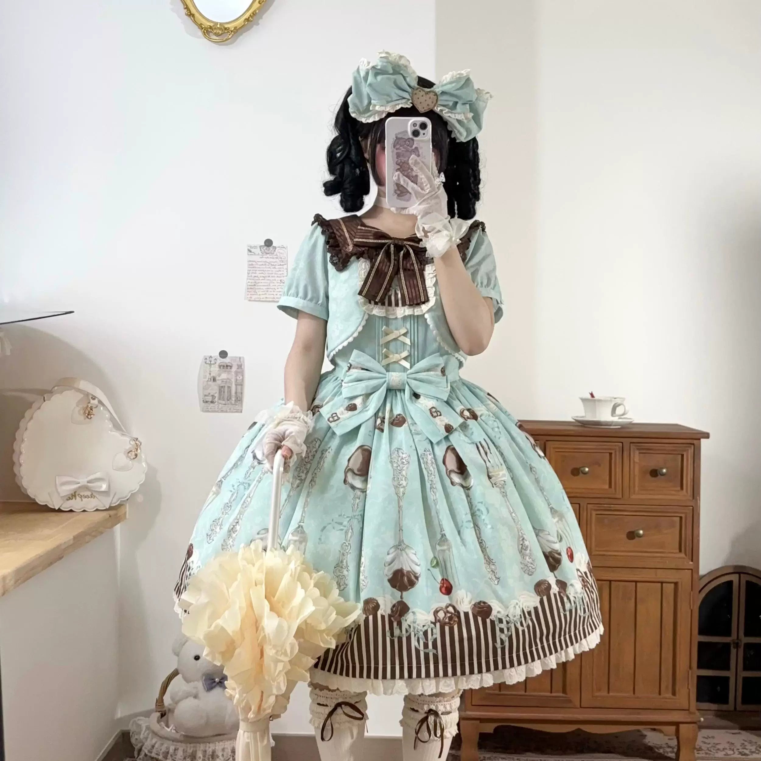 Dessert - Kawaii Lolita Sailor Collar OP Dress, Chocolate & Fork Print 44905:827042