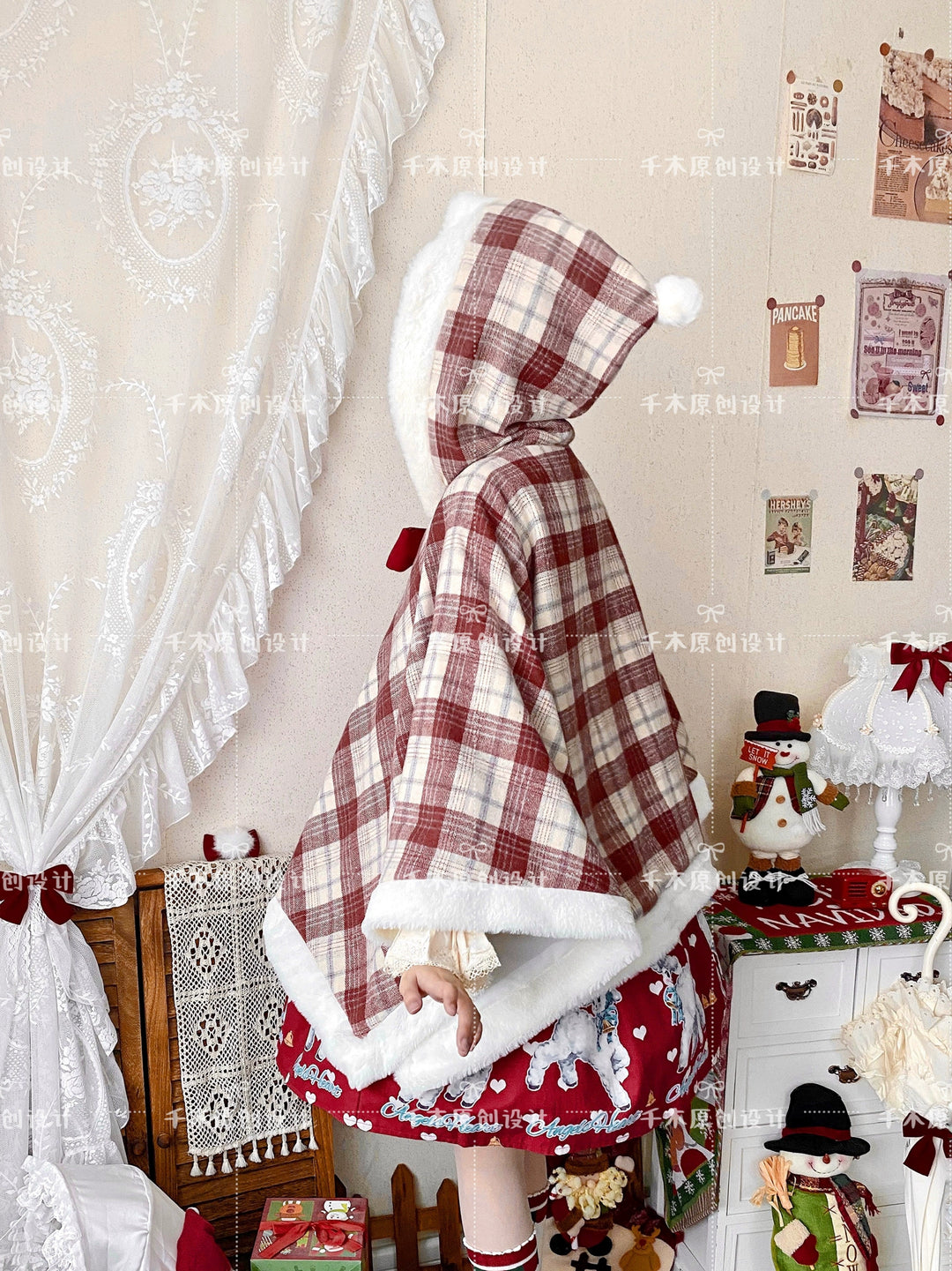 Qianmu~Waffle~Kawaii Lolita Cape Daily Lolita Plaid Hoodie Cloak