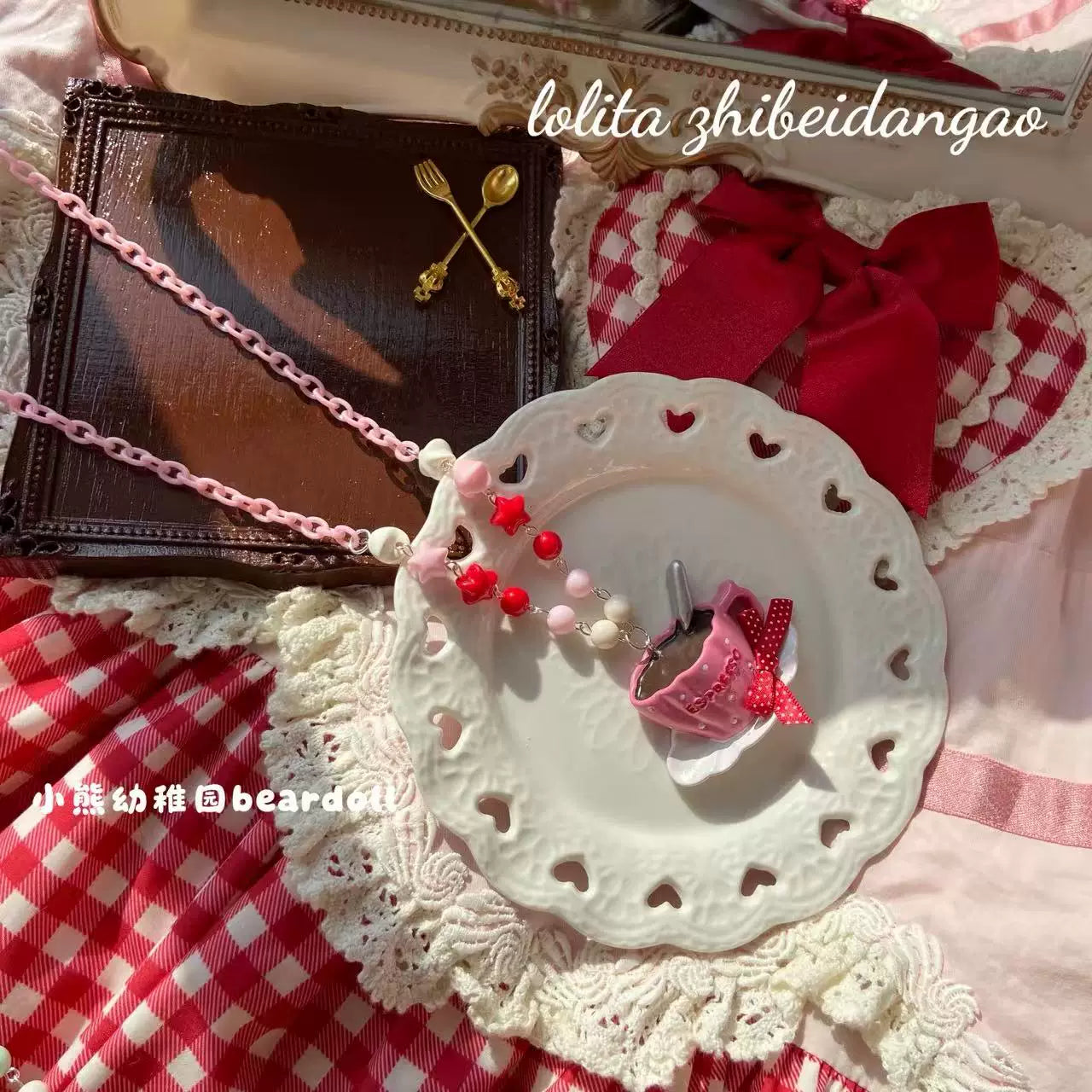 Old School Lolita Beaded Necklace, Coffee Cup Pendant Rose Red Necklace