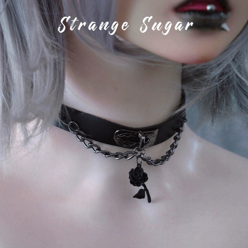 Strange Sugar~Gothic Lolita Choker Faux Leather Rose Pendant Necklace Black Rose Pendant Choker  