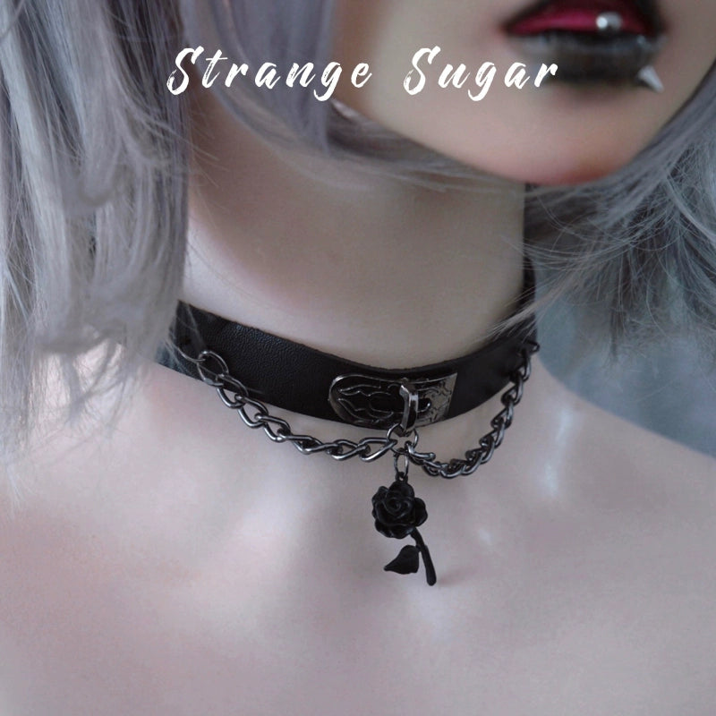 Strange Sugar - Gothic Lolita Choker Faux Leather Rose Pendant Necklace Black Rose Pendant Choker