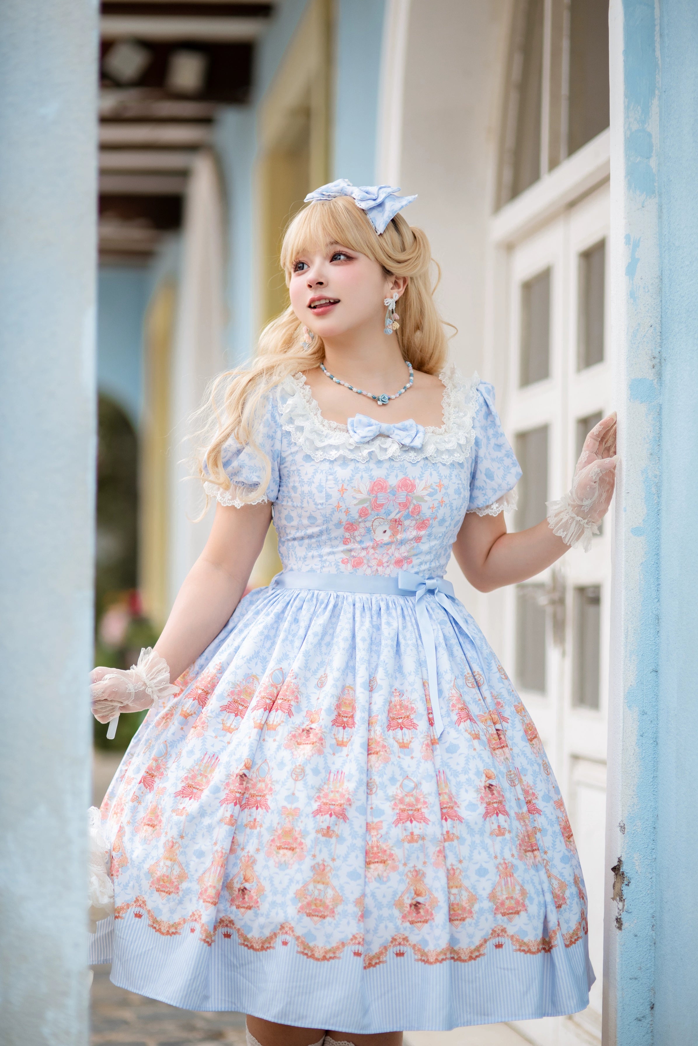 Strawberry Witch - Rose Garden Bunny - Daily Lolita Rose Bunny Printing OP JSK Dress Set S sky blue OP
