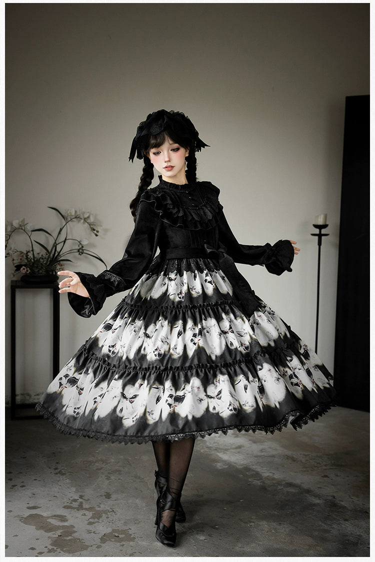 With PUJI - Dead Leaf Butterfly - Gothic Lolita JSK & OP Dress Set, Butterfly Print 44346:805401