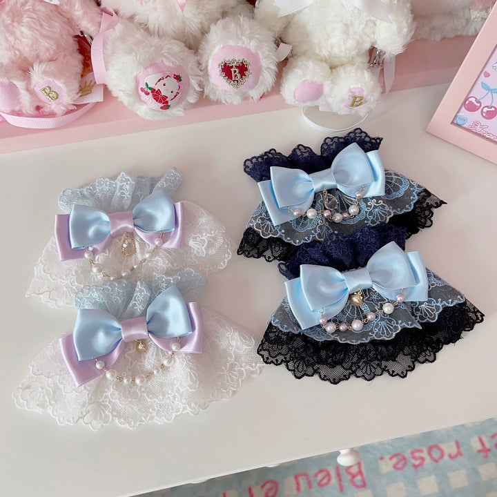 CheeseCat~Sweet Lolita Lace Cuffs Seashell Embroidery Ribbon Bow   