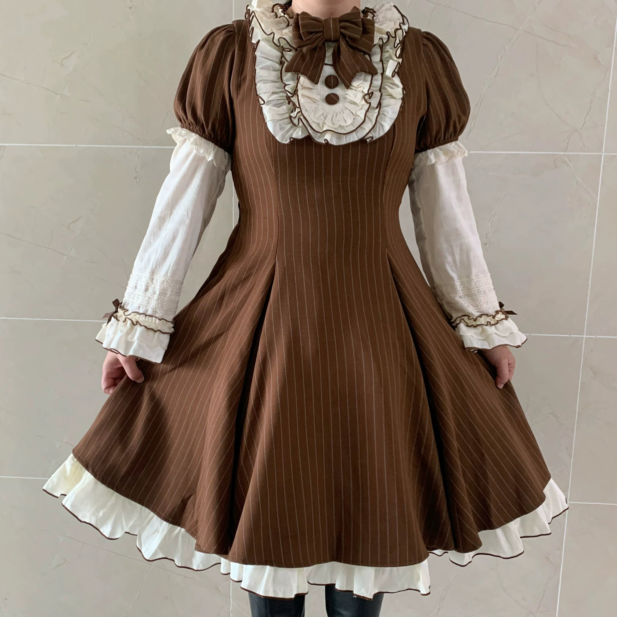 Chubby Cat Diary - Afternoon Tea - Striped Sweet Lolita OP, Petal-Ruffled Apron (2XL 3XL L M S XL) 44318:804542