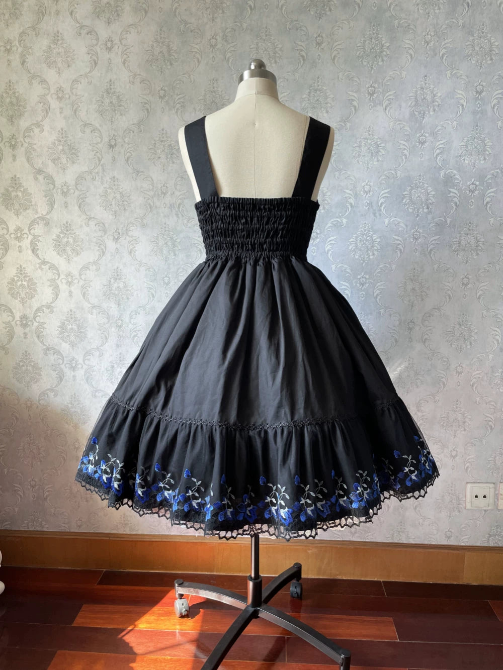 Alice of the Night - Gothic Lolita JSK Cotton Dress, Embroidery & Blue Florals 45031:832498
