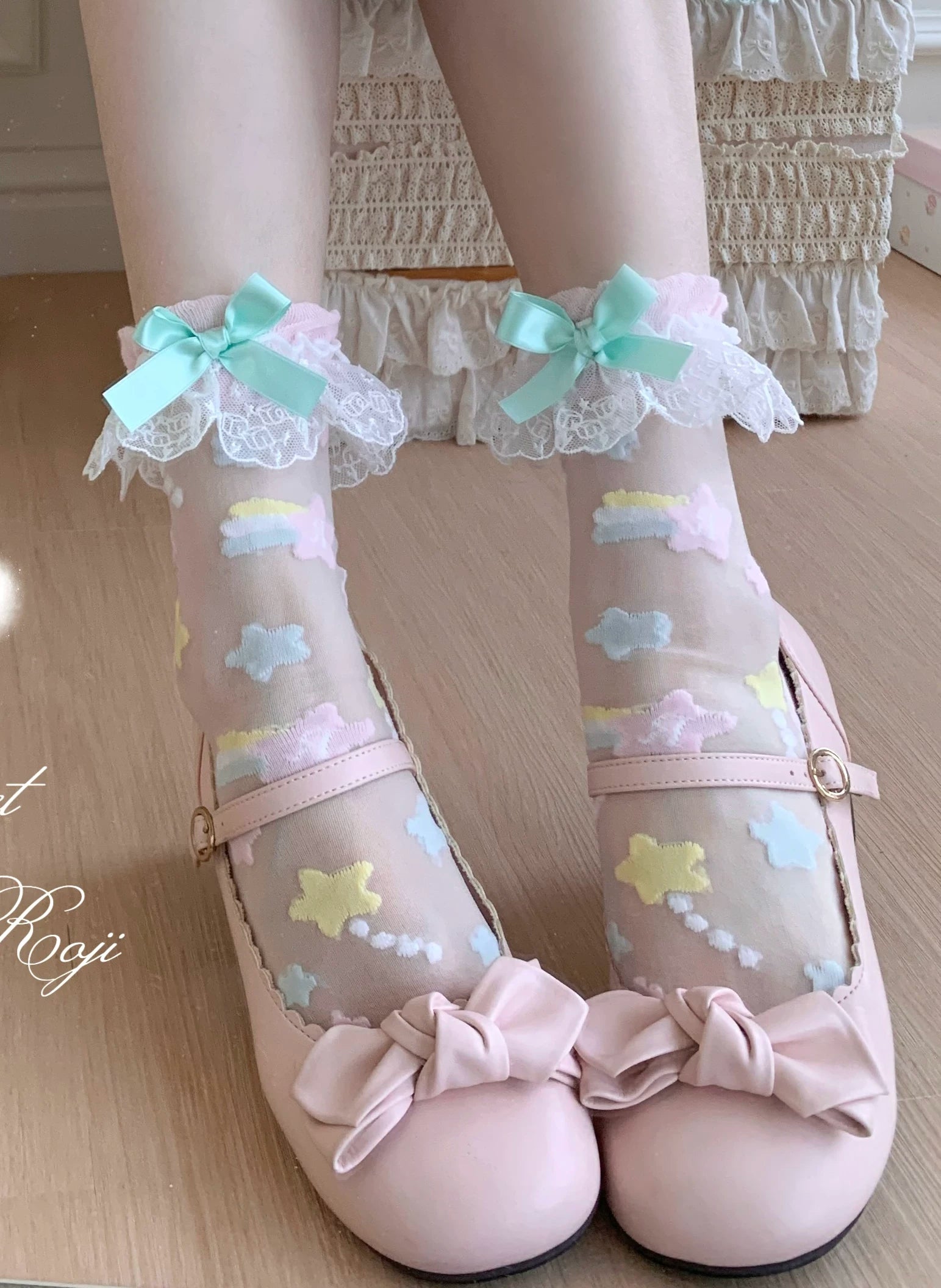 Sweet Lolita Star Embroidered Socks with Colorful Satin Bow 45610:855355
