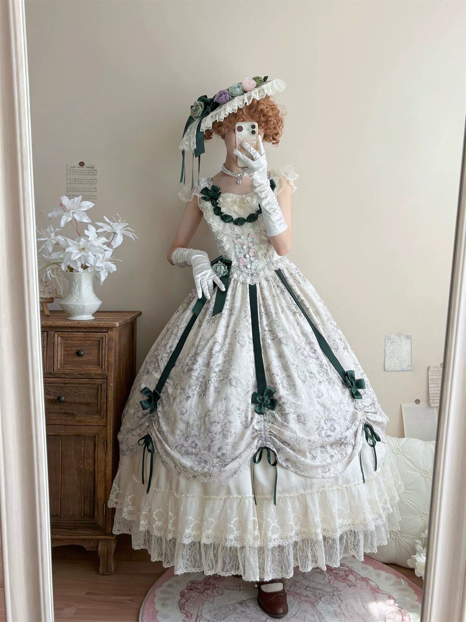 Dolota Flower Wall - Classic Lolita Floral OP Dress, Open Shoulder 44485:811129