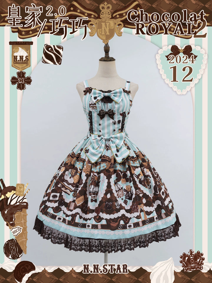 Nn Star~Royal Chocolate 2.0~Sweet Lolita Dress Suit Cute Print Lolita OP and JSK (Short) Green JSK only S