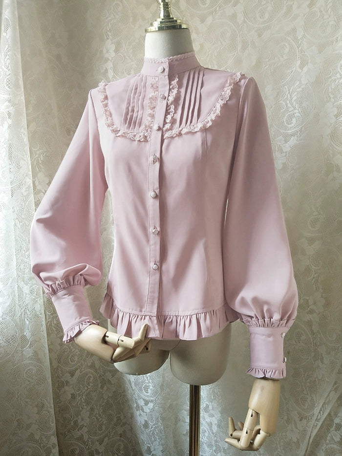 Youlan Lane~Classic Lolita Shirt Elegant Lollita Blouse With Stand Collar XS Light pink 