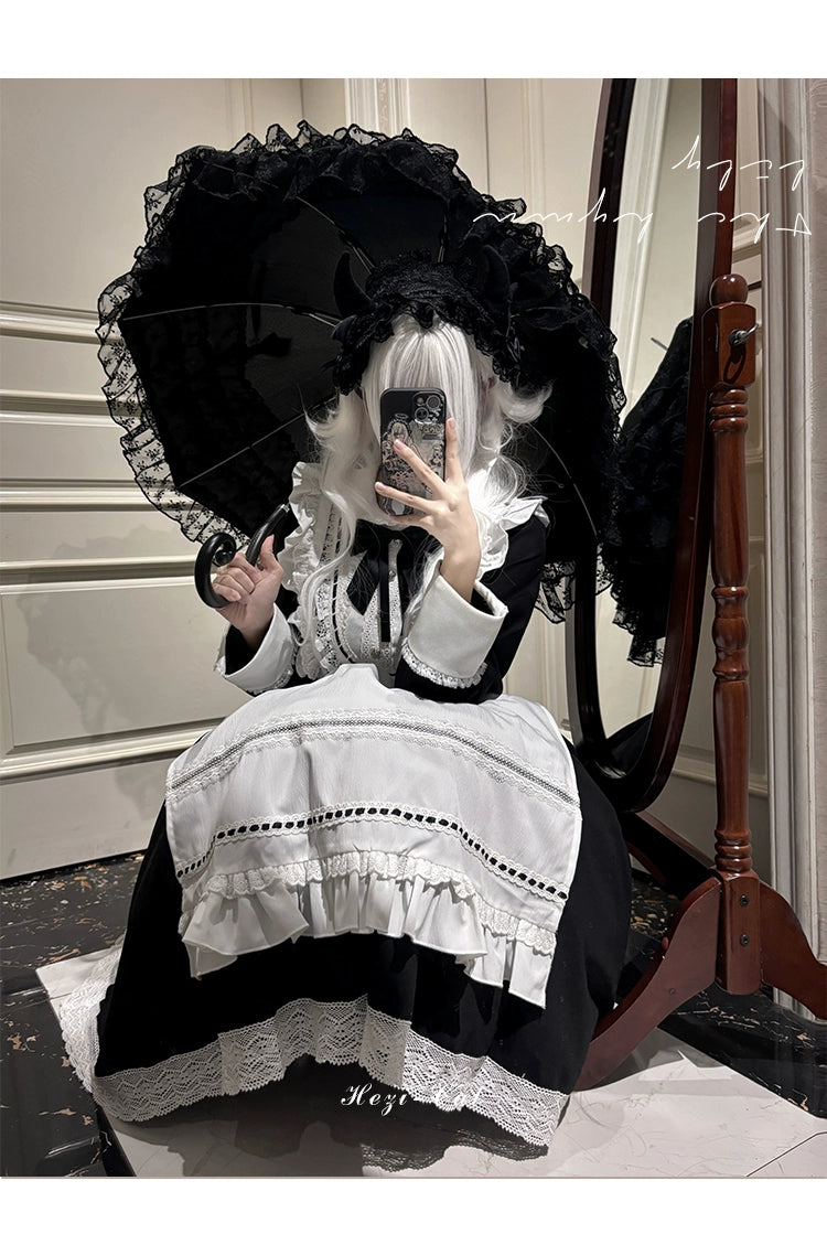 Hezi's Cat Haven~Black Cat Butler~Maid Lolita OP Dress Elegant Black and White Dress