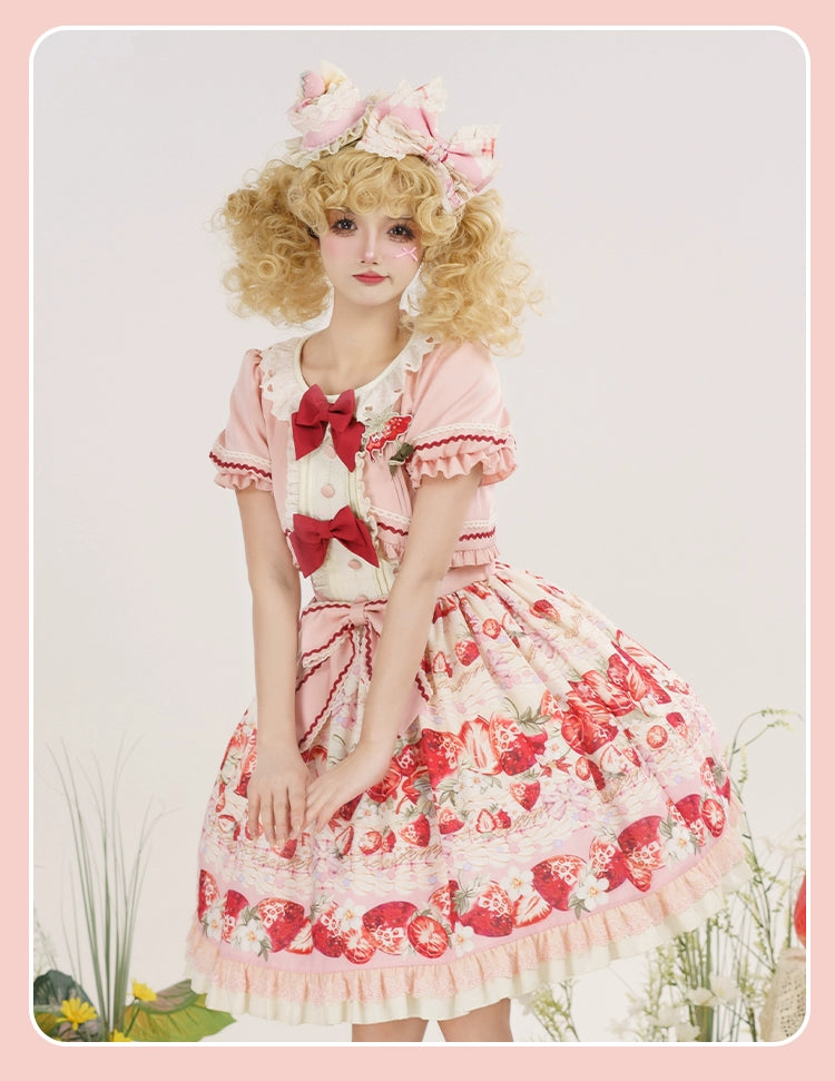 Strawberry Fantasia~Sweet Lolita OP Dress Set Puffy Skirt Long JSK and Shirt