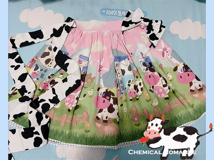 Chemical Romance~Sweetheart Farm~Sweet Lolita SK Cow Print Lolita Dress Long style (plain hemline) S Pink