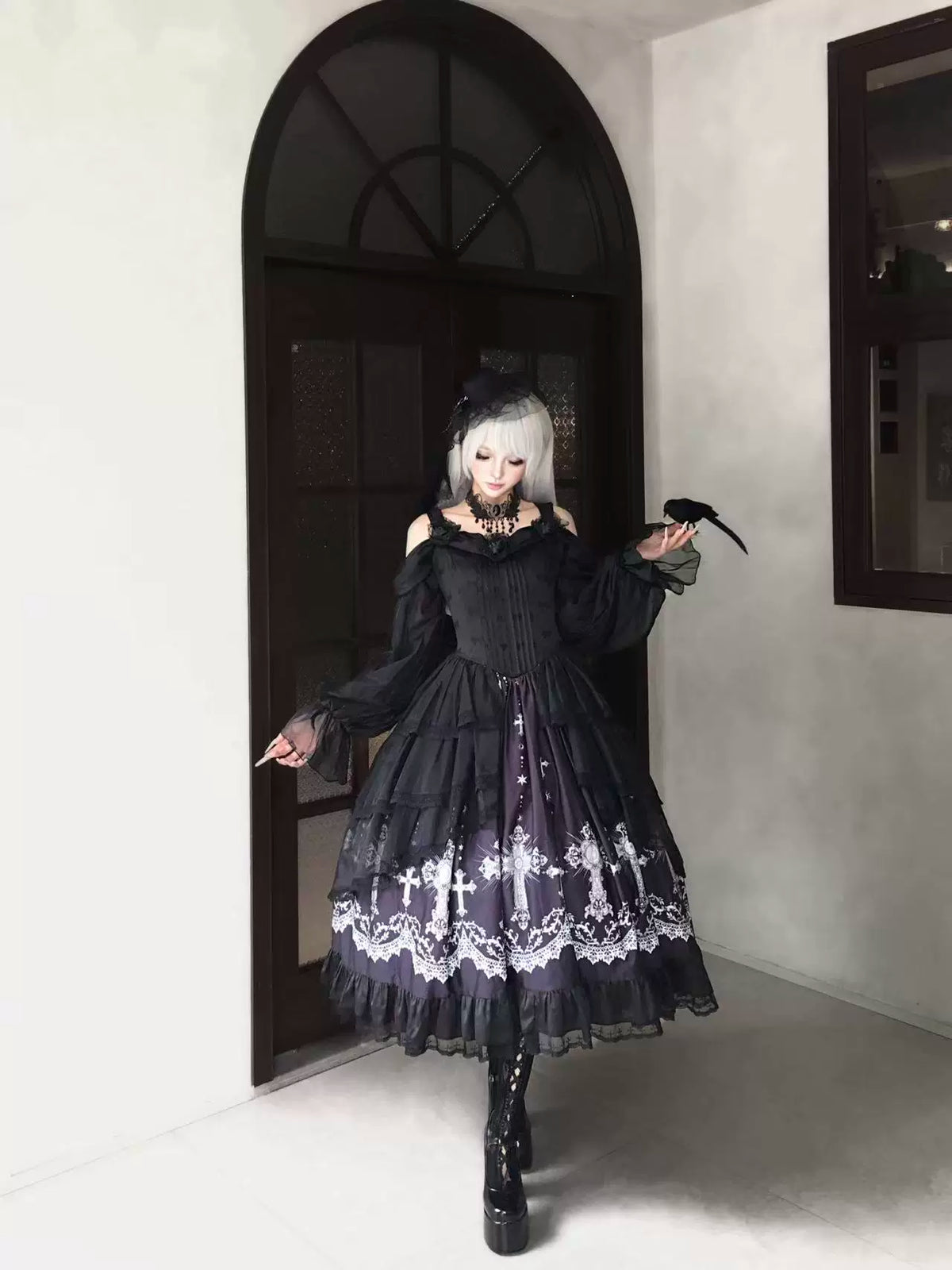 Star Remains Prayer - Elegant Gothic Lolita JSK & OP Dress Set, Cross & Moon Prints (L M S XL) 46014:872453