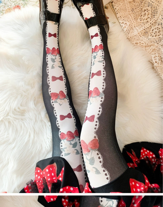 Roji Roji~Strawberry Bow~Print Llita Pantyhose Strawberry Bow 120D Velvet Tights   