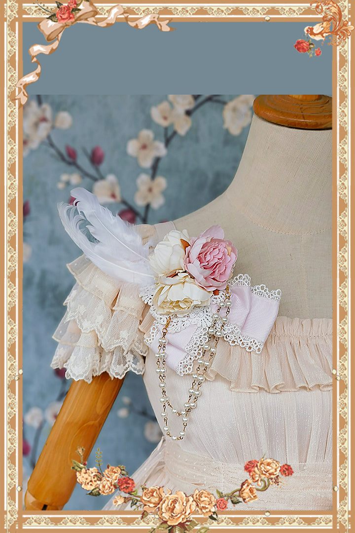 Infanta~Elegant Lolita JSK Dress Tiered Rabbit Prints Middle Split Dress S White Feather Brooch - Free size (L M S) 34242:534346