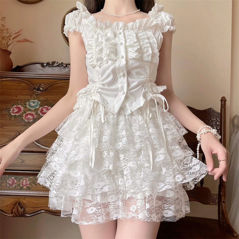 Sugar Girl~Daily Cotton Lolita Pant Skirt White Lace Leggings White Free size 