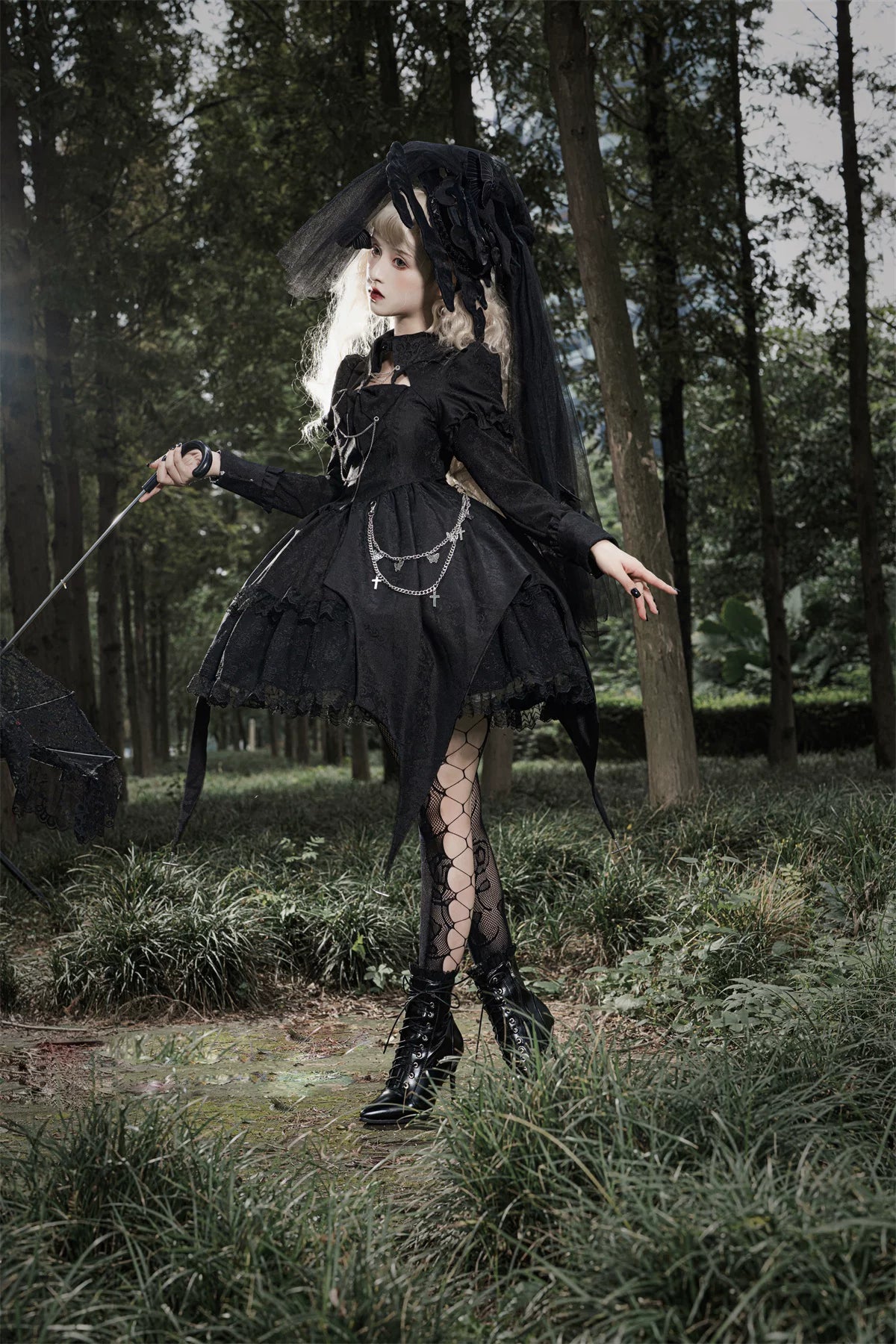Darknight Creed - Gothic Lolita Jacquard OP, Irregular Hem & Cross Pendants 45847:865286