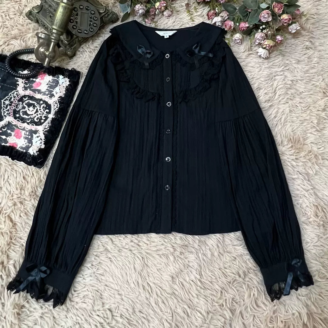 (BuyformeDMFS Lolita ~Summer Short Sleeve Cotton Lolita Blouse S black - long sleeve 