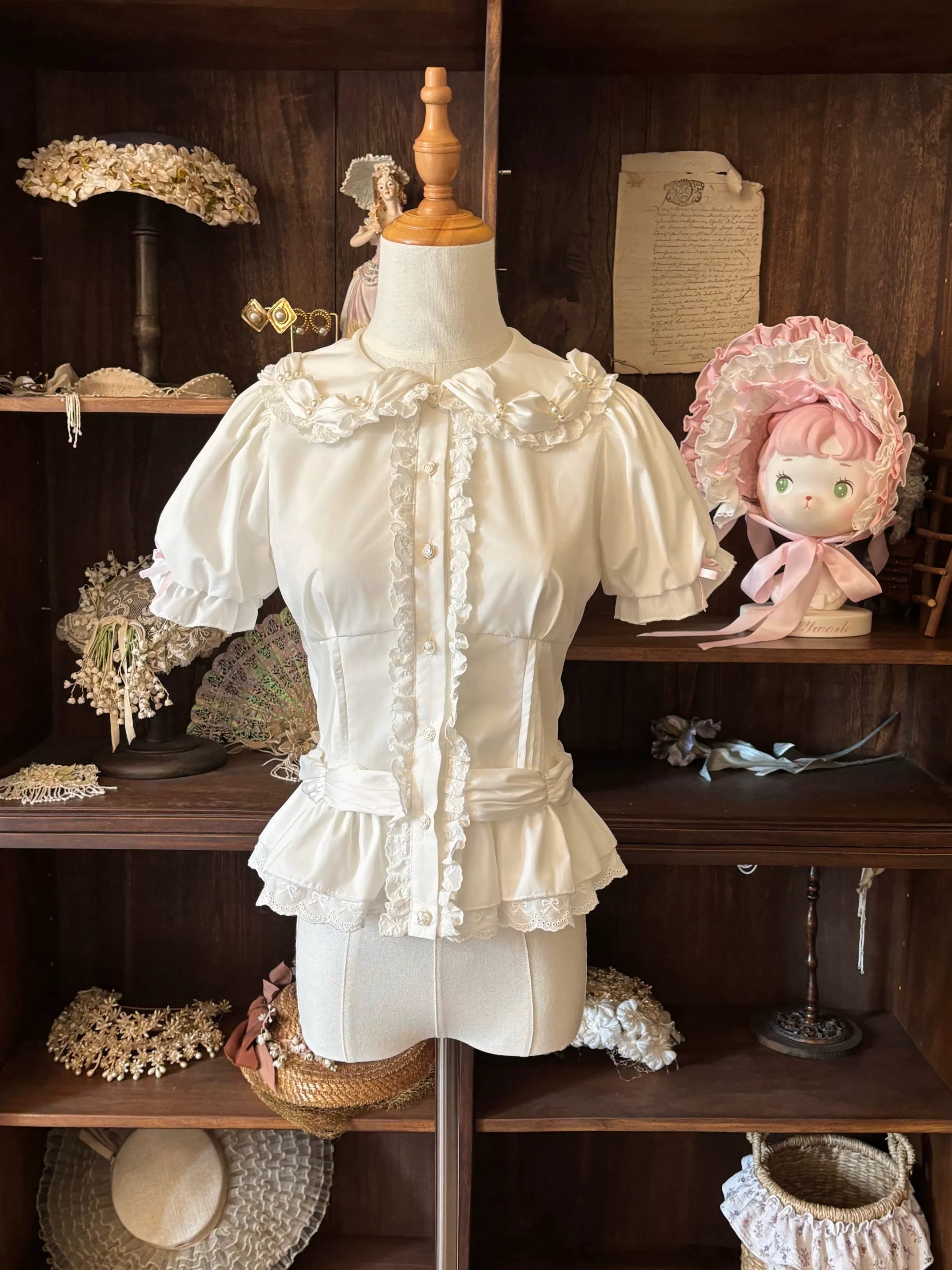 Cream Rosette Cake - Old School Lolita JSK Dress, Rose & Pearl Accents (L M S XL) 45769:861447