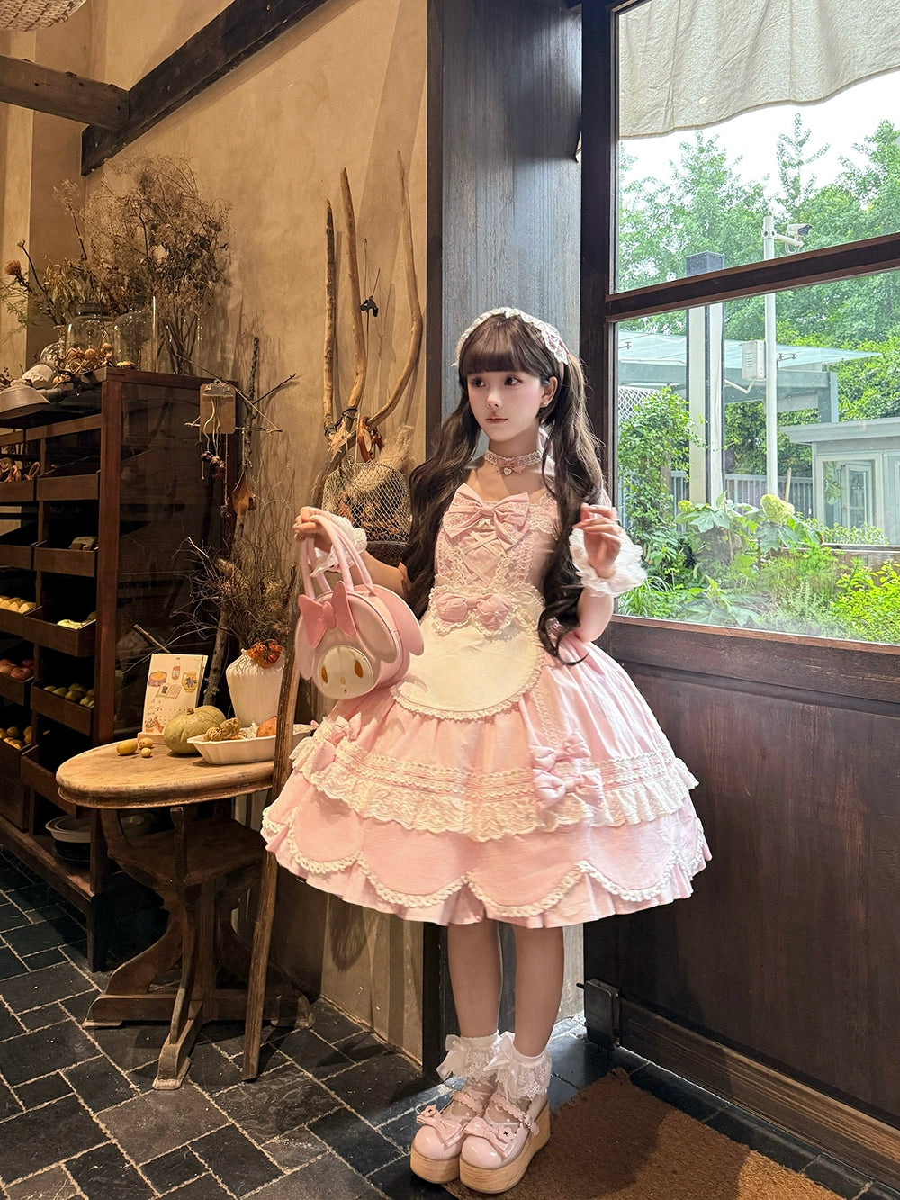 Miss Point - Vintage Petal Rabbit - Old School Lolita OP Cotton Dress With Petal-Shaped Hem 43135:768516