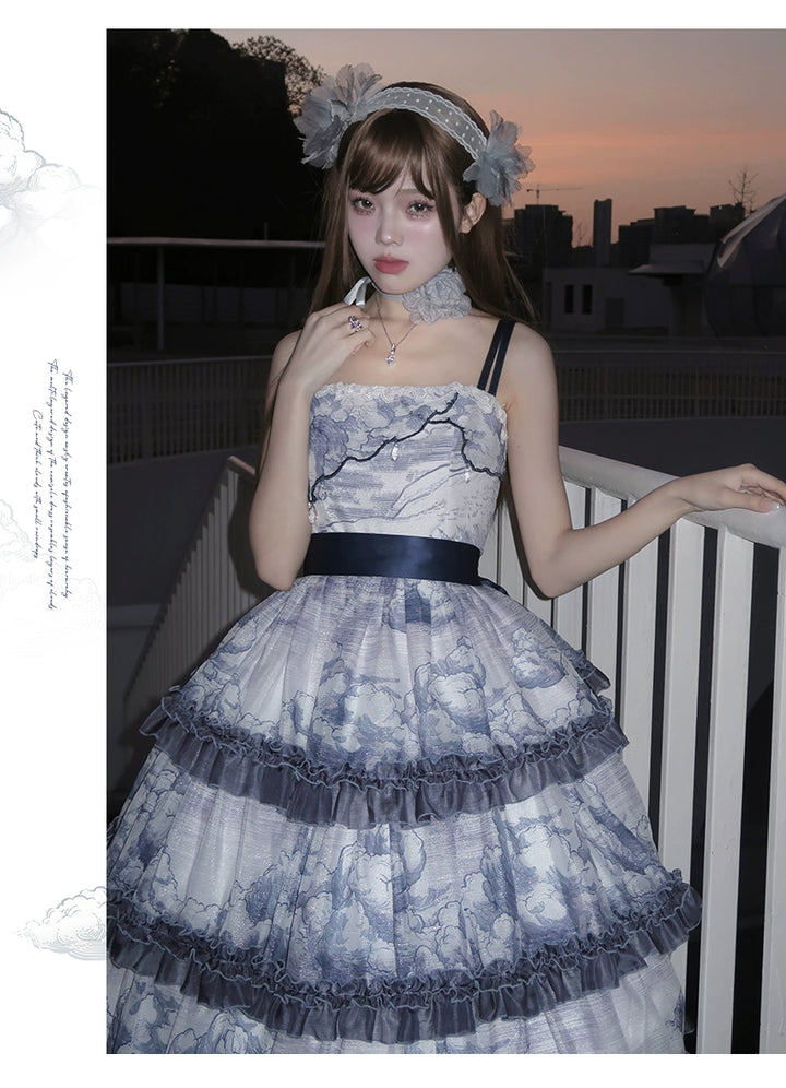 Urtto~Rain Cloud~Elegant Lolita JSK Cloud Printing Chiffon Summer Dress   